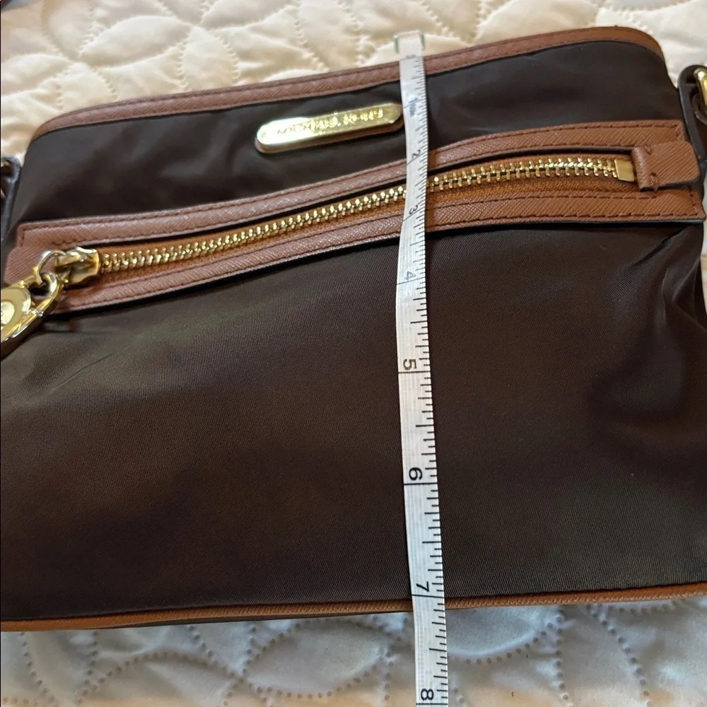 Michael Kors Two Tone Brown Crossbody Bag with Leather and Brass Accents Small